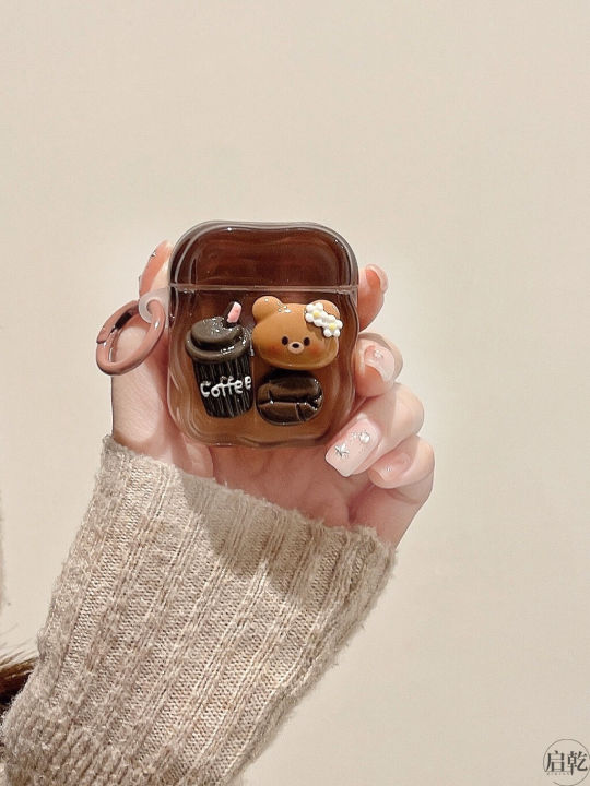 Qiguan Gradient 3D Coffee Bear Airpods4/3 pro Silicone Soft Shell Protective Case Wireless Bluetooth  Cartoon Cute Brown