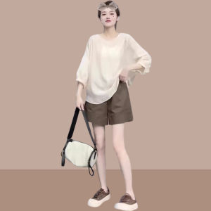 Fashionable plus Size Womens Summer Outfit Set Conceals Belly And Flaws Complete Ensemble Short Sleeve round Neck Overhead