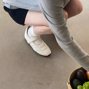 Korean Style Sense of Design Niche Style Genuine Leather Bowling Shoes Plaid Velcro Casual Sneaker Flats Flats Ballet Slipper