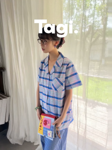 Tagi. Haha Bubble Pajamas Seersucker Print Patchwork Short-sleeved Loungewear Pajama Set