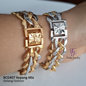 Gelang Tangan Rante Kepang Bunga Ukir Kombinasi Elegan Mewah Perhiasan Fashion Kualitas Premium Anti Karat bcg407