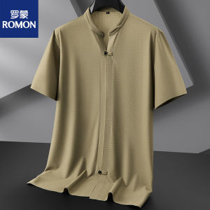 Romon Summer Thin Chinese Style Ice Silk Short Sleeve Shirt Mens Pure Color plus Size plus Size Stand Collar Casual Mens Shirts