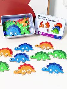 Dinosaur Matching Puzzle Game Wooden Abc Letter Word Cards Toy Early Reading Spelling Literacy Fine Motor Skills With Tin Box