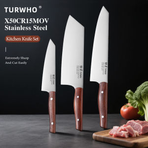 TURWHO 3-Pieces Professional Kitchen Knives Set Utility Kiritsuke Cleaver X50Cr15MoV Stainless Steel Japanese Chef Cooking Knife
