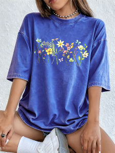 Flowers Attract Dragonflies Cotton Washed T-Shirts Women Summer Oversized Tops Distressed O-Neck Soft T Shirt Casual Clothes