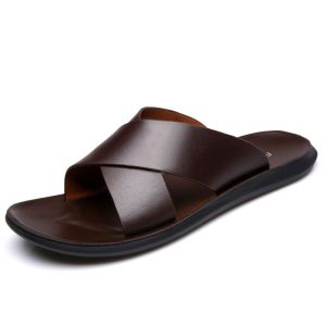 Leather Slip-On Sandals Soft Bottom Casual Beach Shoes Home Wear Mens Dual-Purpose Slip-On Sandals Summer New Style