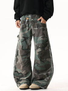 กางเกงยีนส์ทรงหลวมขากว้างชายทรงลำลองฤดูใบไม้ร่วง ทรงย้อนยุคสไตล์อเมริกัน กางเกงขายาวทรงหลวมแบบตัดเย็บด้วยผ้าฝ้าย