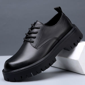 Business Casual Mens Leather Shoes Spring New Style Thick Bottom round Head Trendy Shoes Breathable Lace-Up Solid Color Office Wear