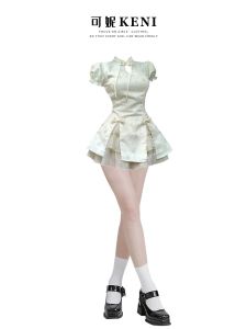 plus Size Traditional Chinese Style Womens Short Puffy Skirt Set with Stand Collar Button up Top Slimming for Summer