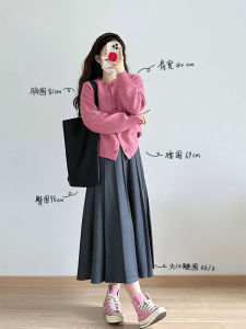 Gray Suit Style High Waist Midi A-Line Pleated Skirt for Women Pear Shaped Body Cover Hip Autumn Large Size Fashion Commute