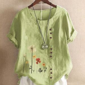 Casual Chic Womens T-shirt Loose Fit Cotton Linen Printed Round Neck Short Sleeve Work Clothing Artsy Style Size Extra Large