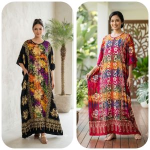 KAFTAN KELAWAR TUGU AGUNG Womens Dresses with Floral Patterns and Cultural Designs. Black and red dresses with intricate floral and cultural designs. Suitable for cultural events and casual wear.