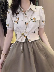 Stylish Niche Style Embroider Short Sleeve Cardigan Womens Summer French Puff Sleeve Shirt All-Matching Short Chic Tops Fashion