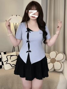 Sweet French Style Summer T-Shirt Womens plus Size Slimming Short Sleeve Waist-Cut Shoulder-Length Butterfly Knot Top