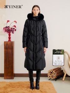 French Luster Satin Fox Fur Hood Long Down Jacket
