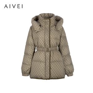 AIVEI | Vintage Letter Print Mid-long Hooded Puffer Down Jacket