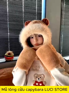 Mũ Lông Cừu Nữ Họa Tiết Capy Xinh Xắn Mũ Lông 3 in 1 Có Xỏ Tay Tiện Lợi