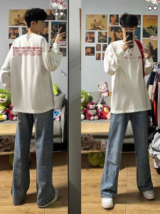 เสื้อยืดคอกลมแขนยาวทรงหลวมสไตล์อเมริกันสำหรับผู้ชาย ผ้าฝ้ายแท้ ทรงหลวม ลำลอง เสื้อชั้นใน ฤดูใบไม้ร่วง/ฤดูหนาว