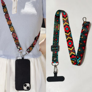 High-End Long Neck Phone Lanyard Adjustable Tribal Pattern Totem Long Lanyard Ethnic Flower Design Mobile Phone Accessories