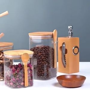 Container Shop SQUARE Glass Storage Jar with Bamboo Wood Lid and Spoon
