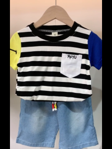 Baju Budak Lelaki Set T-Shirt Seluar Pendek Jeans Warna Putih Kuning Biru Size 1-4 Tahun