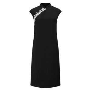 TingTang New Chinese Style Midi Dress Womens Reformed Cheongsam Floral Embroidery Flared Skirt Polyester Fiber Summer Dress