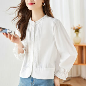 Pure Cotton Long Sleeve Womens Shirt Initial Shadow Earlet Collar Inner Wear Accordion Pleat Design Korean Style Loose Fit