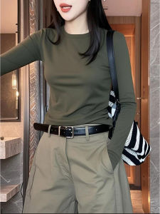 Olive Green Long Sleeve T-Shirt Womens Spring Autumn Slim Fit Base Layer Shirt Beautiful Long Sleeve Top Casual Style