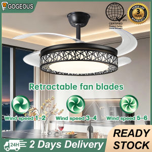 Gogeous 42inch black ceiling fan with light retractable fan blades modern design 6-speed wind 3 color dimming nordic ceiling fan with light and remote