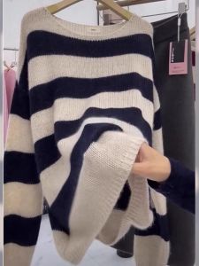 Trendy Stripe Knitwear Fashionable American Style Womens Sweater Lazy Leisure Tea Break Autumn Winter Popular Checkered Knitted Top