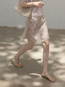 Cantonstory | French Style Pink Floral High Waist A-Line Half Skirt