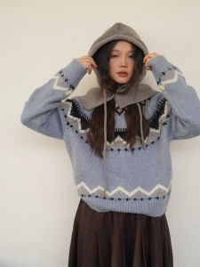 Womens Winter Loose Knitted Fair Isle Sweater Christmas Pattern Flower Design Comfortable Lazy Style Blue Fleece Top