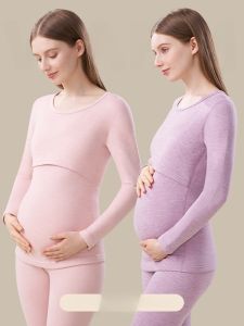 miiow | Warm Underwear Set For Women Cat Person Wool Silk Postpartum Nursing Long Sleeve Round Neck Thickened Polyester Blend Innerwear