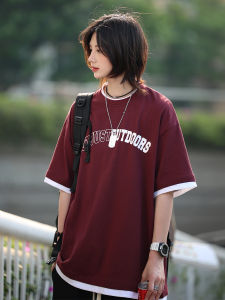 Áo Thun Nam Tay Ngắn Màu Đỏ Rượu Vang Đơn Giản Cho Cặp Đôi Mùa Hè Thường Ngày in Chữ Tròn Dáng Rộng Thời Trang Thanh Lịch