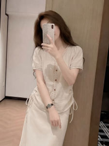 HUANJI | Light Beige Short Sleeve Belted V-Neck Button-Up Shirt