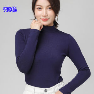 Pure Cotton Turtleneck Bottoming Shirt Long Sleeves Half Turtleneck Mid Collar T-shirt Fall and Winter Stretch Slim Fit Skinny Intimates Inner Wear Pure Color