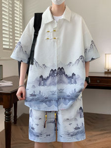 New Chinese Style Mens Summer Short Sleeve Shirt And Shorts Set National Trend Print Mountain Water Landscape Ink Painting