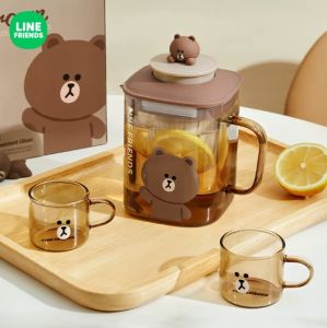 【Free Combination】Line Friends Brown Bear Glass Cold Water Kettle Heat-resistant Brewing Teapot Cup Household Cold Water Kettle Glass High-end Sensitive Water Cup Set Gift