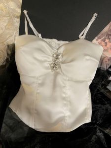 GUZILIAN | Elegant Diamond Embellished Mini Strap Vest Womens Summer Outfit Short Sleeve Slim Fit Base Layer Top Trendy Folded Design