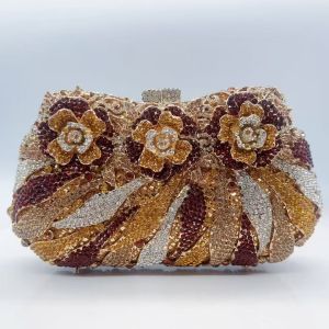 Womens Banquet Bag with Hollow Metal Rose Diamond Crystal Dinner Bag Handmade Inlaid with Diamonds