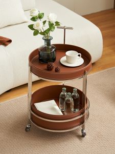 Nordic Simple round Living Room Movable Cart Sofa Side Table Accessible Luxury Multifunctional Storage Saddle Leather Snack Cart