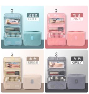 Zipper Cosmetic Bag Nylon Travel Toilet Cosmetic 4Layer Storage Bag Waterproof Foldable Pouch Organizer with Hanger Hook