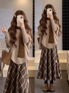 XUECAIQI | Korean Style Winter Knit Sweater and Check Skirt Set