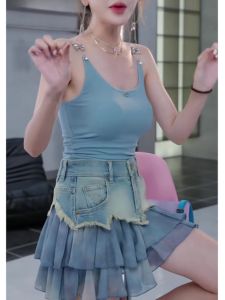 Blue Sleeveless Short Crop Top Womens Summer Trendy Design Slim Fit Base Layer Outerwear Strap Vest Fashionable Commute Style