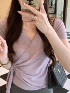 Cross V-neck Short Sleeve Womens T-shirt Regular Fit Korean Style Summer Simple Purple Top Shoulder Strap Tie Dye T-shirt