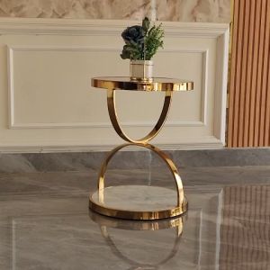 Meja Sudut Hourglass Lis Stainless Top Marmer Putih Carrara