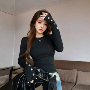 Spring Womens Long Sleeve T-Shirt Shoulder Length Design Heart Print Base Shirt Inner Wear Commute Style Korean Fit Creative Pattern