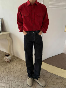 Red Long Sleeve Shirt Jacket Mens Spring Autumn Fashion Maturity Style New Year Celebration Lucky Year Trendy Casual Shirt