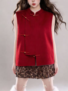 QINGNAER | Traditional Style Red Sleeveless Vest