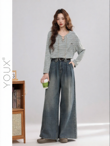 YOUXIANG | Quần Jeans Flared Phong Cách Vintage Pháp Đã Xử Lý